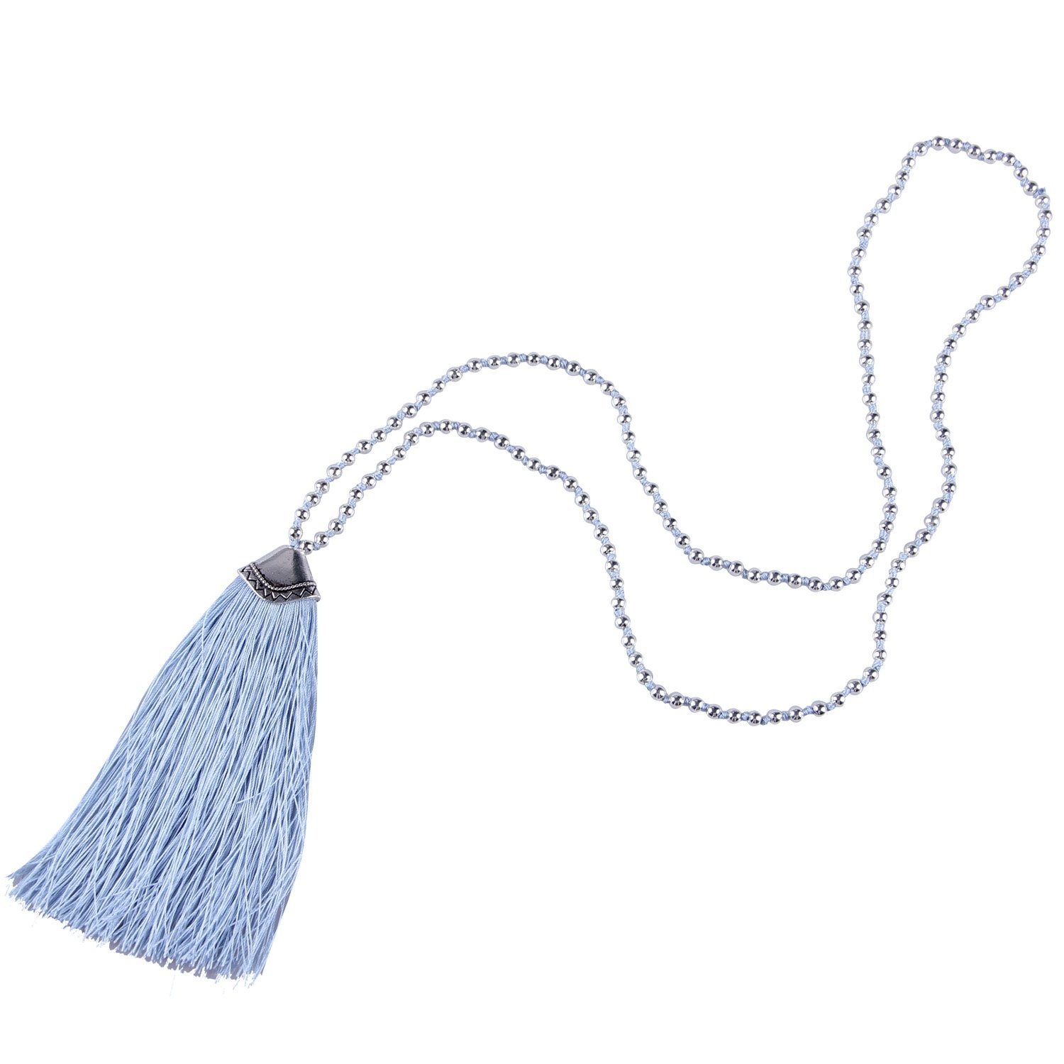 KELITCH Long Tassel Necklaces Handmade Silver Beaded Necklaces Fashion Pendant Necklaces (Blue)