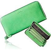 VOICE Align type Long wallet Leather made by MASINI in Italy Cowhide ART.Pitti Women's Elegant and easy to use Vertical card case In gift box (Trifoglio-Green)
