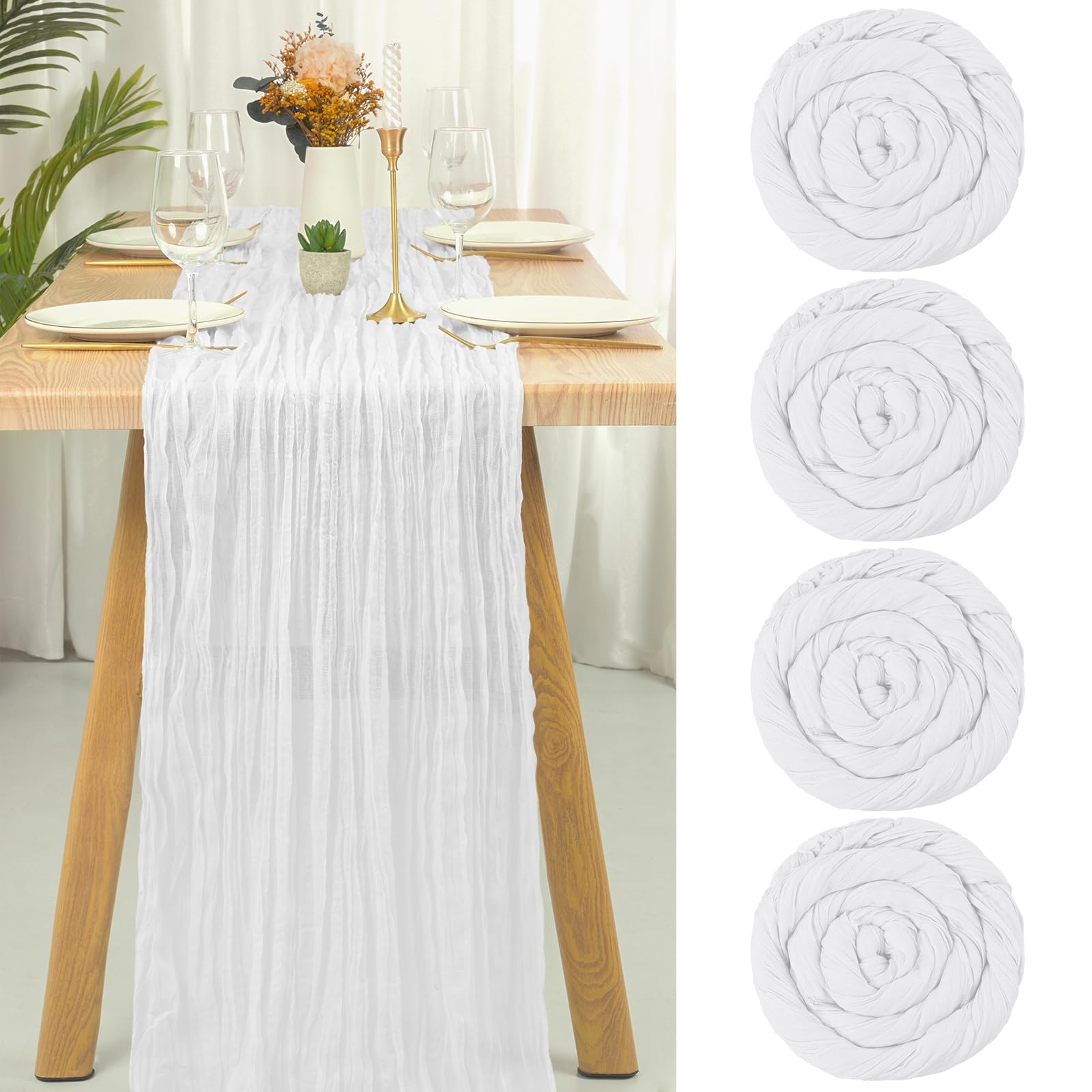 Teruntrue 4 Pack White Cheesecloth Table Runner Semi-Sheer Table Runner Gauze Tablecloth 10Ft Rustic Decorations for Kitchen Wedding Holiday Party Supplies(White, 300cm)