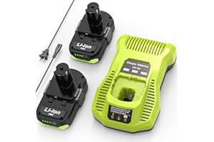 Koedsion 18v 3.0Ah Replacement Lithium ion Batteries 2-Pack and Charger Combo, Replacement for Ryobi 18V Battery 3000mAh, Compatible with Ryobi one+ 18-Volt Cordless Power Tools and Charger.
