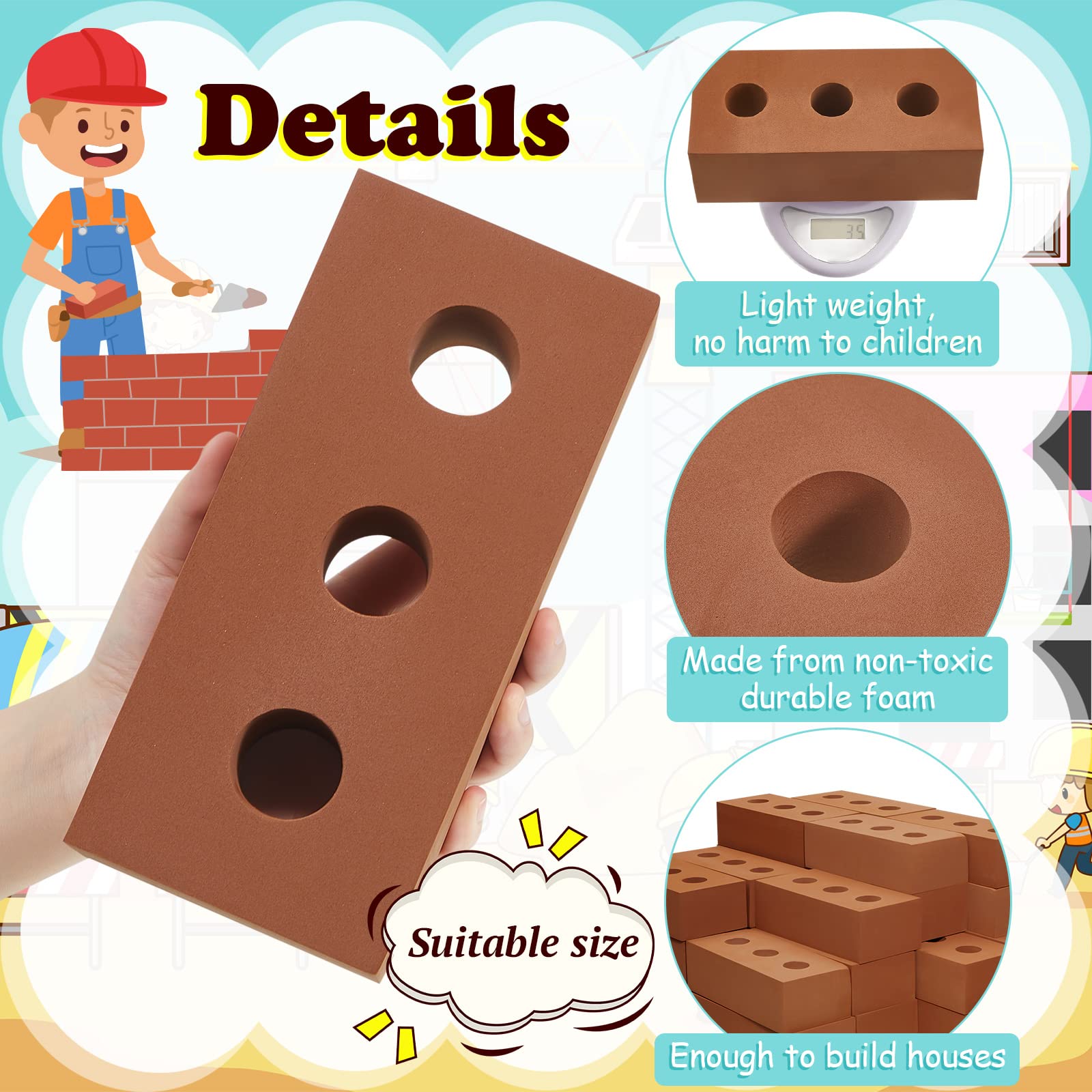 Deekin 30 Pcs Foam Brick Building Blocks for Kids Thick Blocks Foam Large Fake Brick Construction Toy for Stacking Construction, 8 x 4 x 2.4 in (Circle Holes)