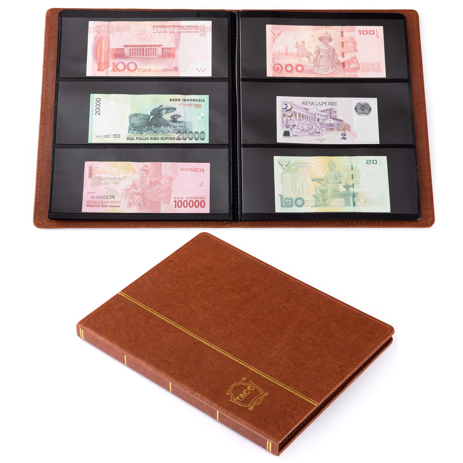 Ettonsun Leather 60-Pocket Dollar Bill Holders for Collectors Paper Money Album Currency Collection Supplies Book Travel Banknote Stamp Storage,Collection Folder for Paper Souvenirs (Brown)