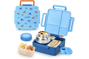 Norxely Bento Box for Kids with Thermos, [Large Capacity] Insulated Kids Lunch Box with 4 Compartment for Ages 3+, Drop-Proof & Dishwasher Safe Lunchbox Container Blue