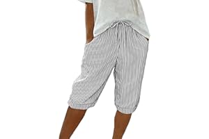 Linen Shorts Women Summer Casual Loose Fit Striped Bermuda Short Pants Elastic High Waisted Lightweight Beach Outfits