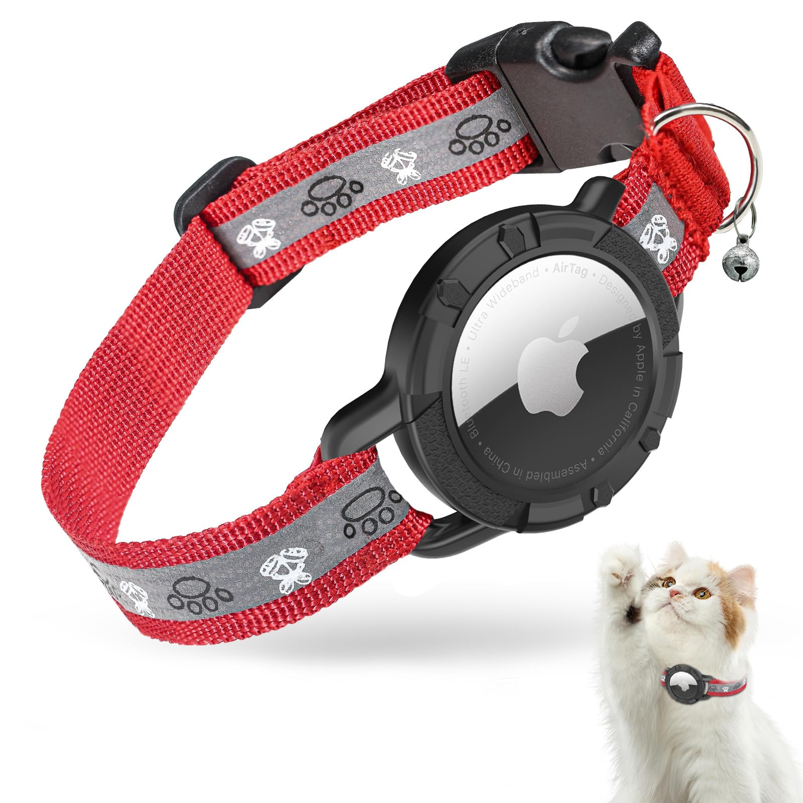 Reflective Airtag Cat Collar, JIARUI Integrated Apple Airtag Cat Collar, GPS Cat Tracker Collar with Airtag Holder and Bell, Lightweight Cat Tracker Collar for Kittens and Puppies (Red, XS(7"-9"))