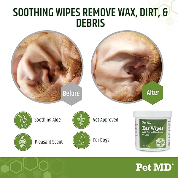PET MD – DOG EAR CLEANER WIPES – OTIC CLEANSER FOR DOGS TO STOP EAR ITCHING, AND INFECTIONS WITH ALOE AND EUCALYPTUS – 100 COUNT