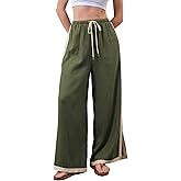Xiaoxuemeng Linen Pnats Women Wide Leg Striped Capri Pants Casual Baggy Linen Trousers with Pockets