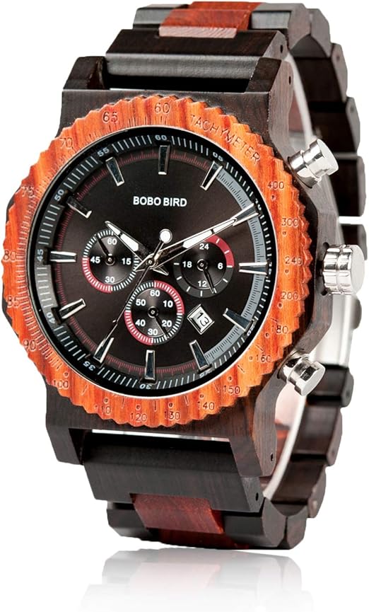 Amazon Com Bobo Bird Mens Luxury Wooden Wrist Watches Large Size Date Chronograph Display Ebony Watch With Bamboo Wood Box For Men Watches