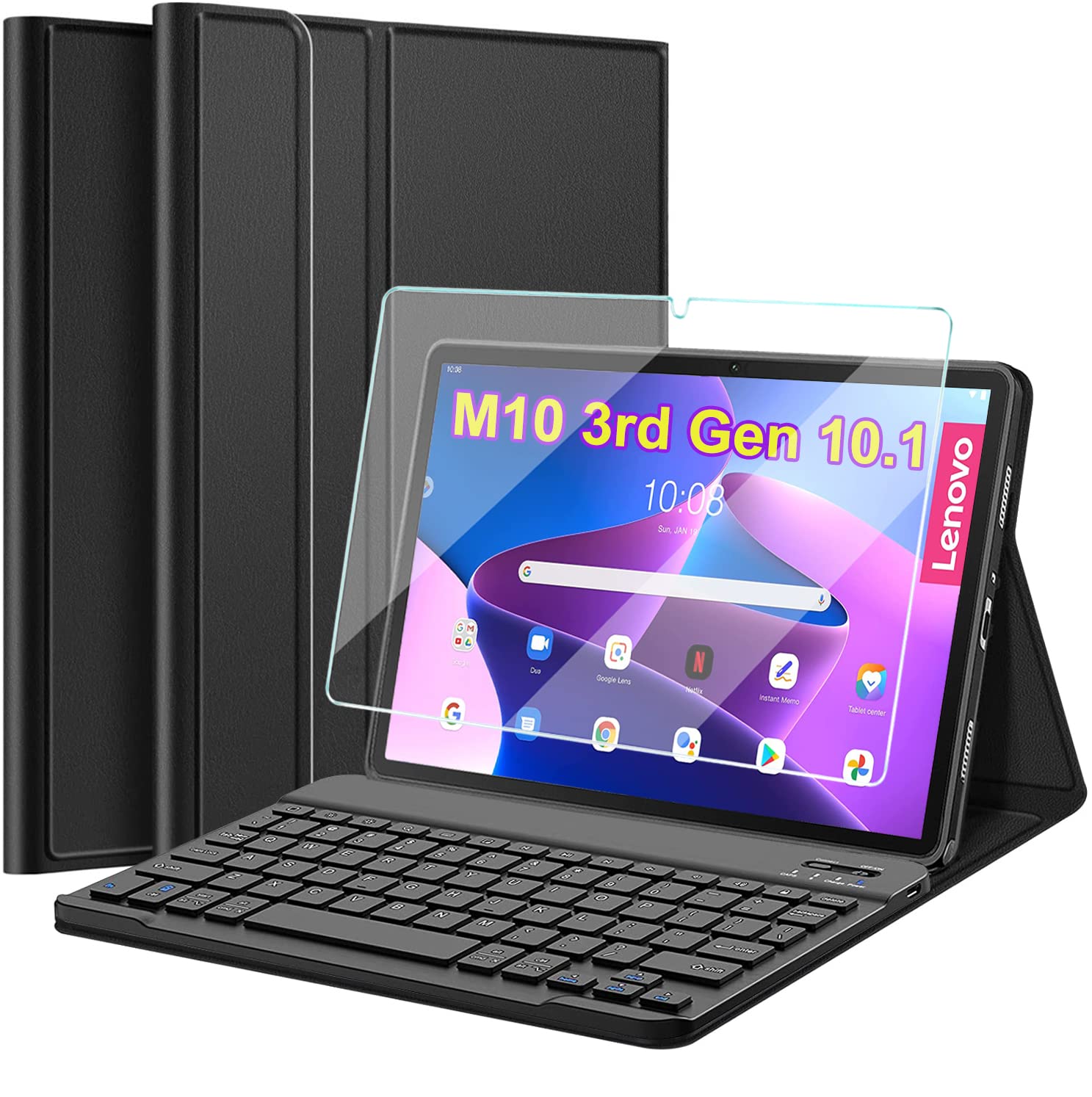 Nanhent Keyboard Case with Screen Protector for Lenovo Tab M10 3rd Gen 10.1 Inch 2022 Tablet, Magnetic Detachable Wireless UK Layout Keyboard with Premium Cover + Tempered Glass (M10 3rd Gen 10.1)
