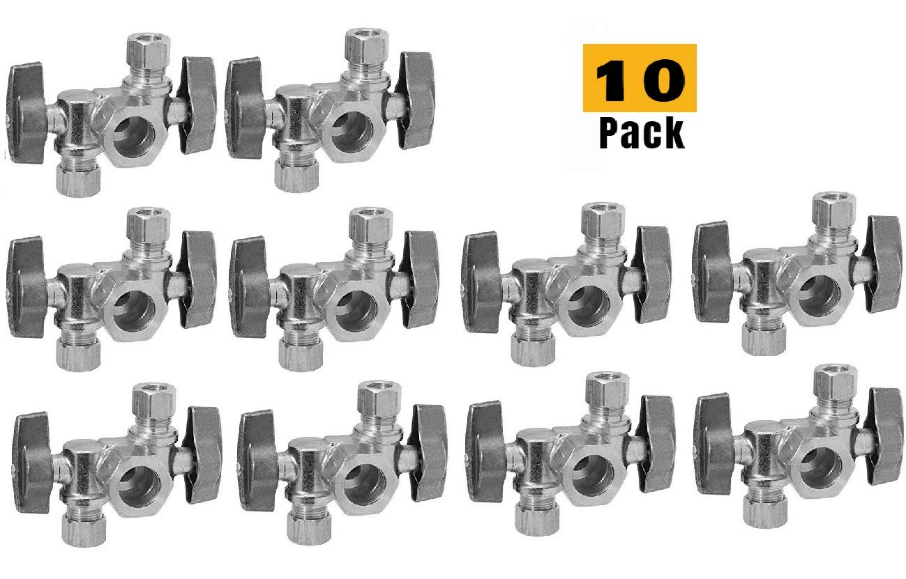 5/8" Comp. O.D X 3/8" Comp X 3/8" Comp 1/4 Turn Angle Stop Valve Double Handles Lead-Free (Pack 10)