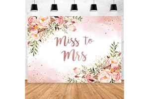 Miss to Mrs Bridal Shower Backdrop 7x5ft, Pink Floral Photography Background with Boho Green Leaves, Gold Engagement Wedding 