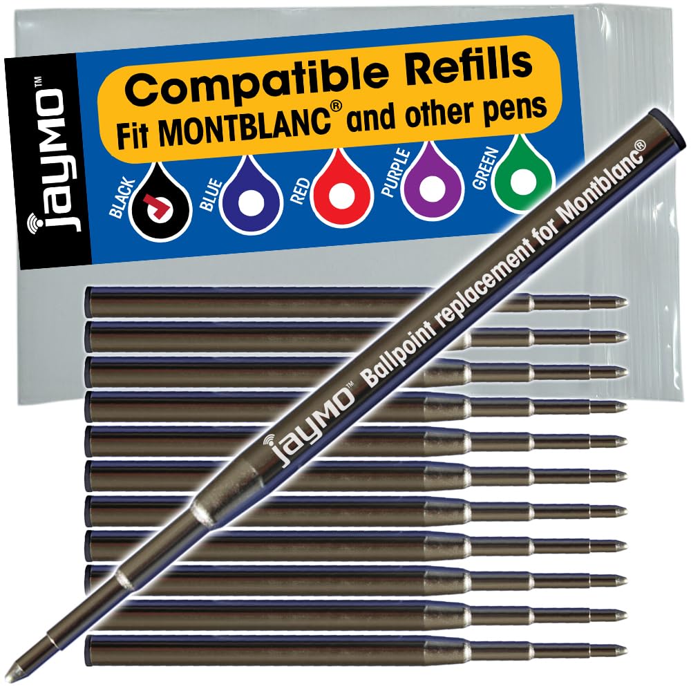 Jaymo Replacement for Montblanc 128211 - Measures 3.875 in / 98 mm Long - Ballpoint Pen Refill - 12 Black