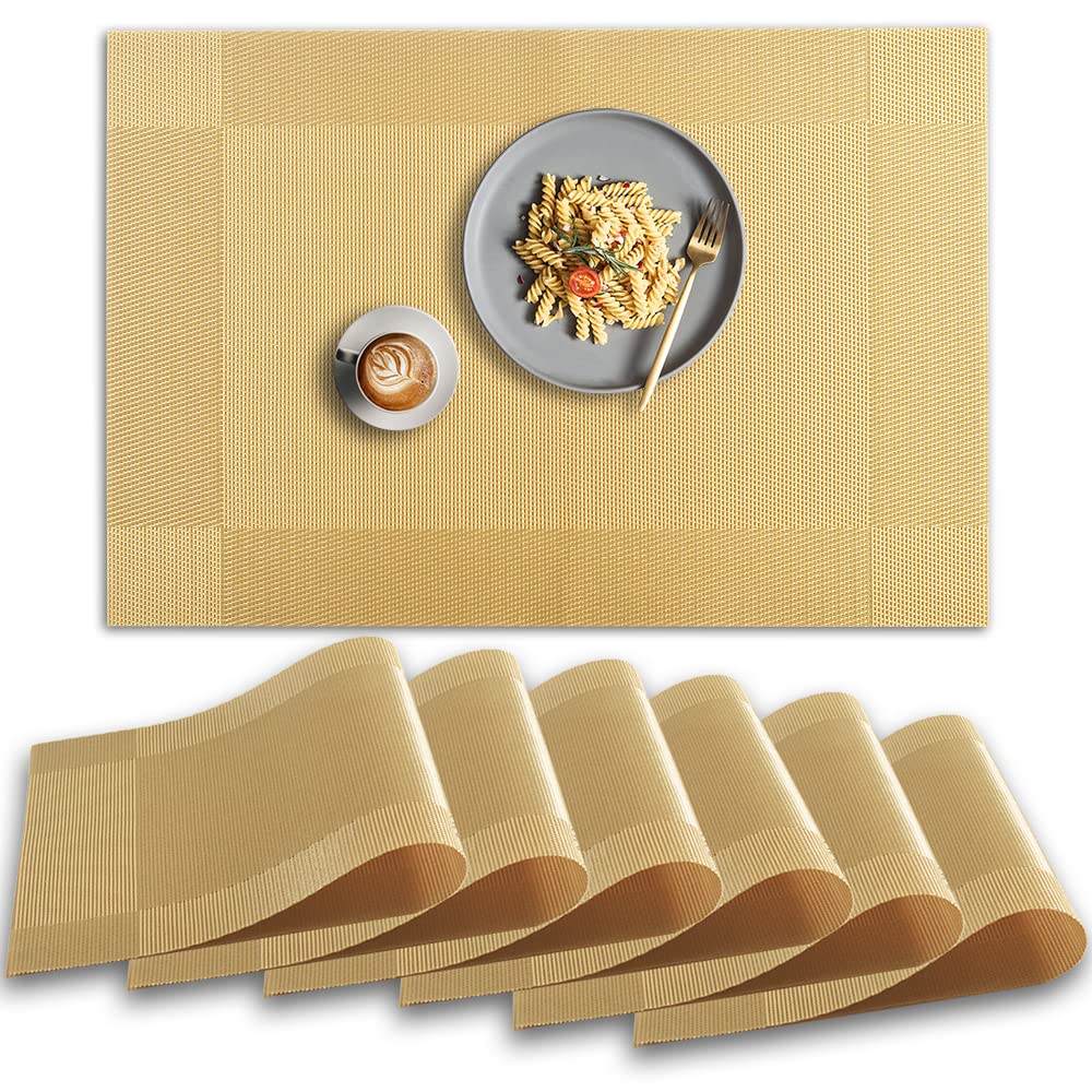 homEdge Placemat, 6 PCS of Non-Slip Heat Resistant PVC Place Mats, Washable Vinyl Placemats - Golden