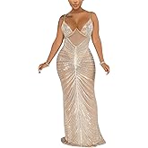 WOKANSE Women Sexy Glitter Rhinestone Spaghetti Strap Bodycon Mesh Sheer Club Party Maxi Dress