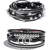 Long tiantian Boho Bracelets for Women Leather Wrap Bracelets Trendy Multi-Layer Pearl Crystal Bracelet Weastrn Jewelry Outfit Gifts