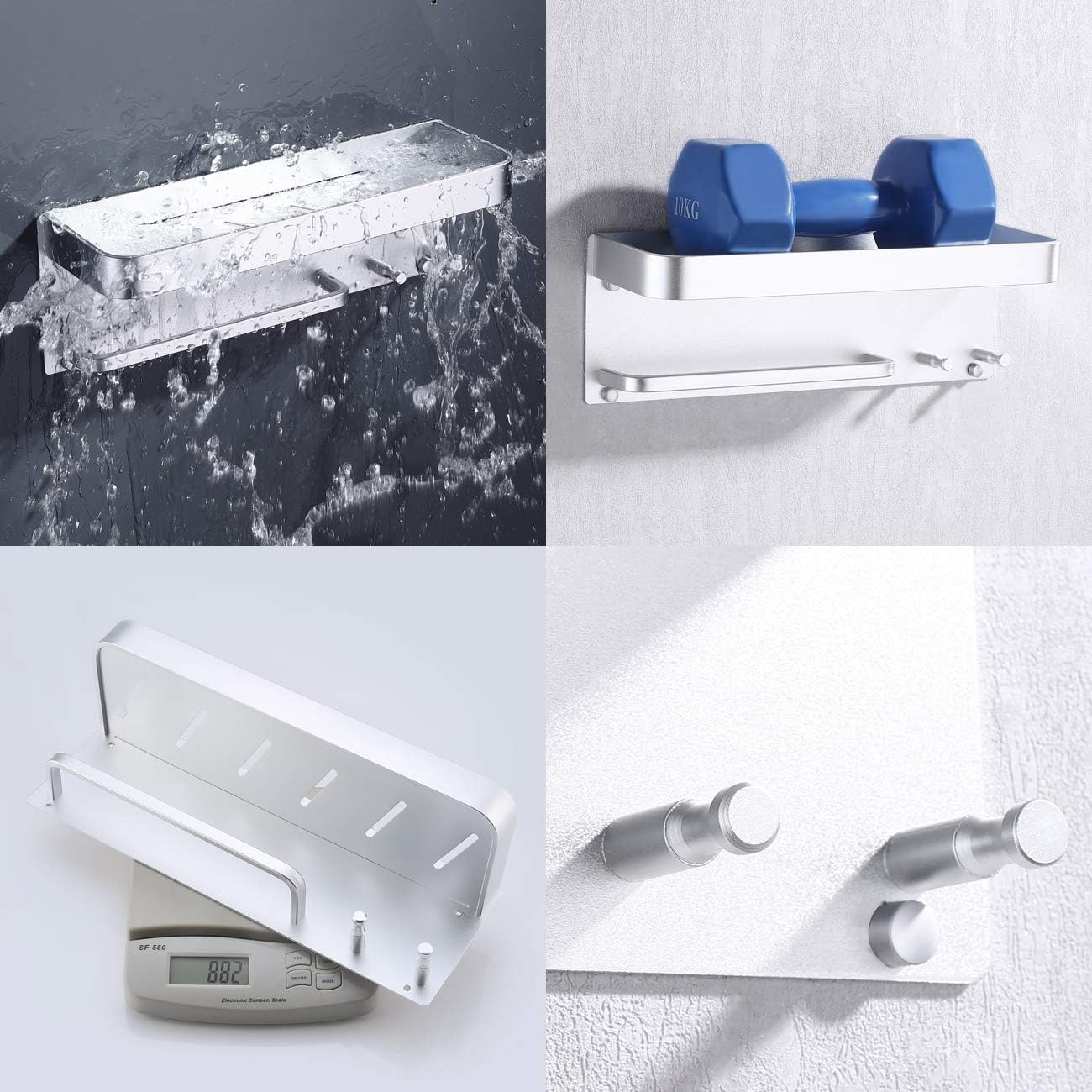 KES Bathroom Shelf with Towel Bar and 2 Hooks Adhesive Shower Storage Aluminum Kitchen Shelf No Drill Wall Mount Anodized Silver, BSC404DG - - 