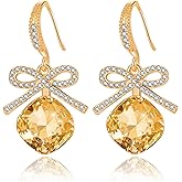 EVEVIC Austrian Crystal Cushion Bow Drop Earrings for Women 14K Gold Plated Hypoallergenic Dangle Earring Jewelry Gifts