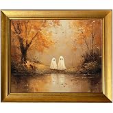 Vintage Cute Halloween Print Fall Decor Gold Framed Ghosts by Lake Wall Art Moody Landscape Painting Halloween Picture Wall Decor