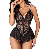 Avidlove Teddy Lingerie for Women Lace Bodysuit One Piece Babydoll Mesh Chemise V Neck Sleepwear