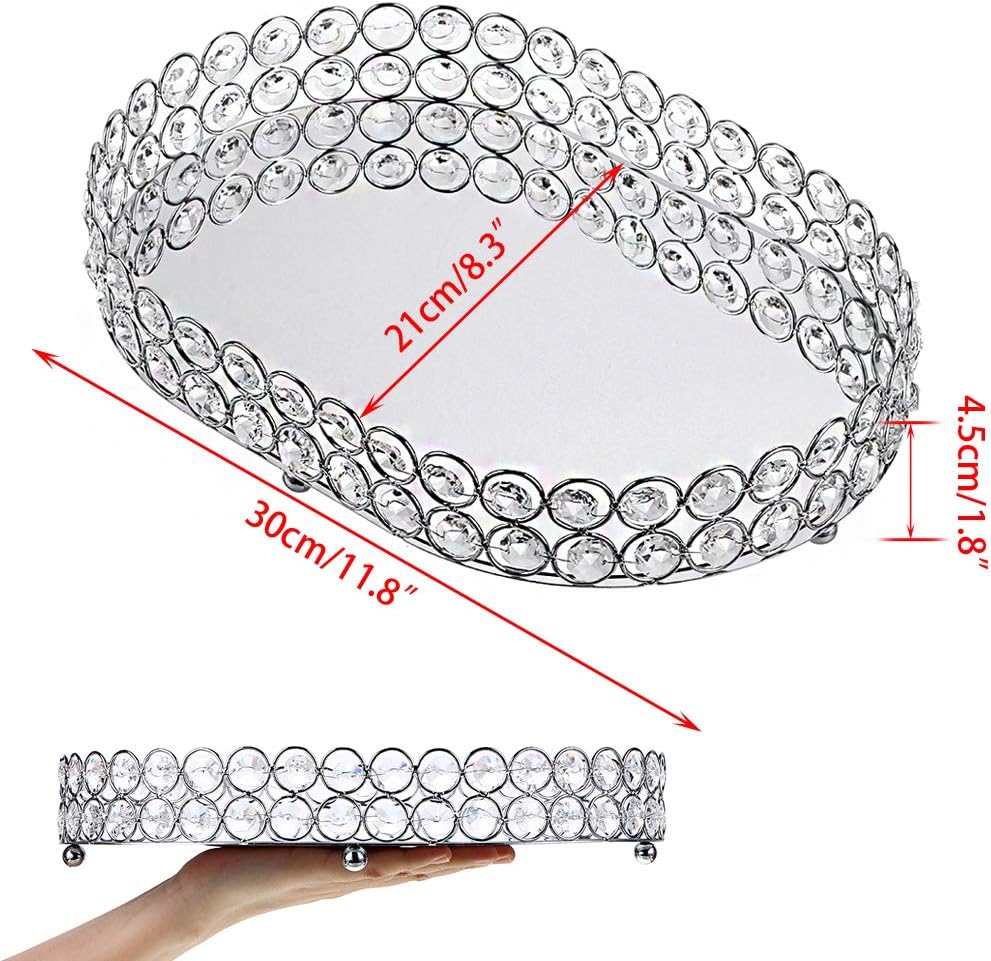 Hipiwe Mirrored Crystal Vanity Makeup Tray, Ornate Jewelry Trinket Decorative Tray Cosmetic Perfume Display Organizer Tray,Home Decor Tray for Dresser/Bathroom (Ellipse): Home Improvement
