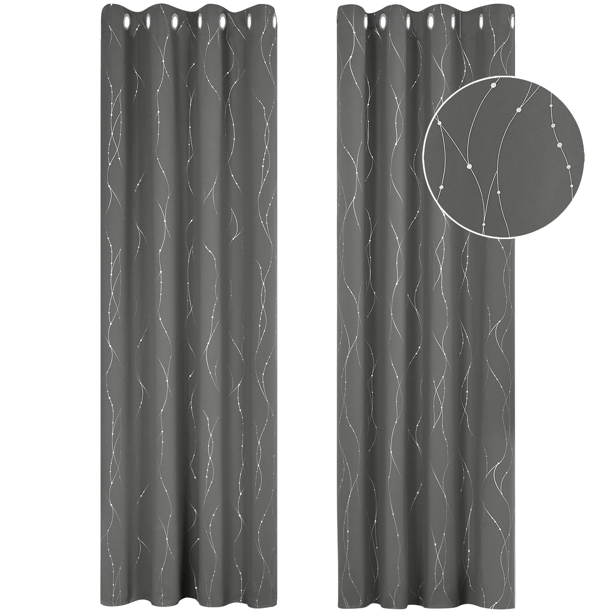 Deconovo Decorative Silver Dotted Line Foil Printed Blackout Curtains Thermal Insulated Curtains Eyelet Curtains for Baby Nursery 52 x 54 Inch Light Grey 2 Panels