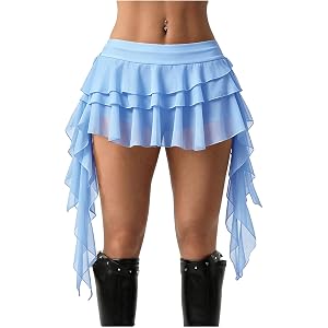 Women's Y2K Mini Skirt Ruffle Lace Mesh Asymmetrical Flowy Short Skort | Bulit-in shorts, layered pleated, low rise, gothic/w