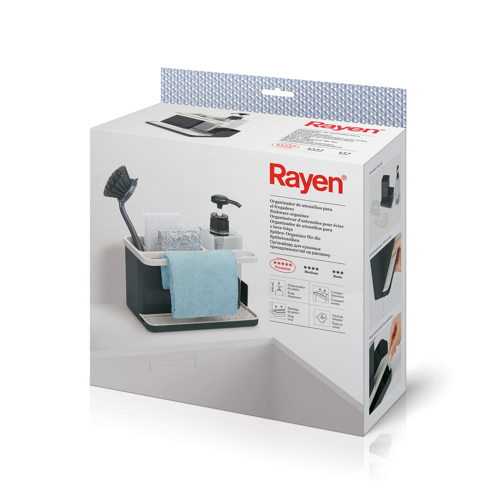 Rayen | Sink Utensil Organizer, Premium Range, Drip Tray, Easy to Clean, Compartments, Soap Dispenser, Light Grey and Dark Gray