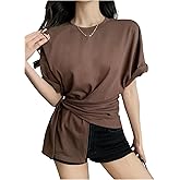 Floerns Women's Casual Dolman Short Sleeve Twist Front T Shirts Crew Neck Ruched Slit Summer Going Out Tee Tops