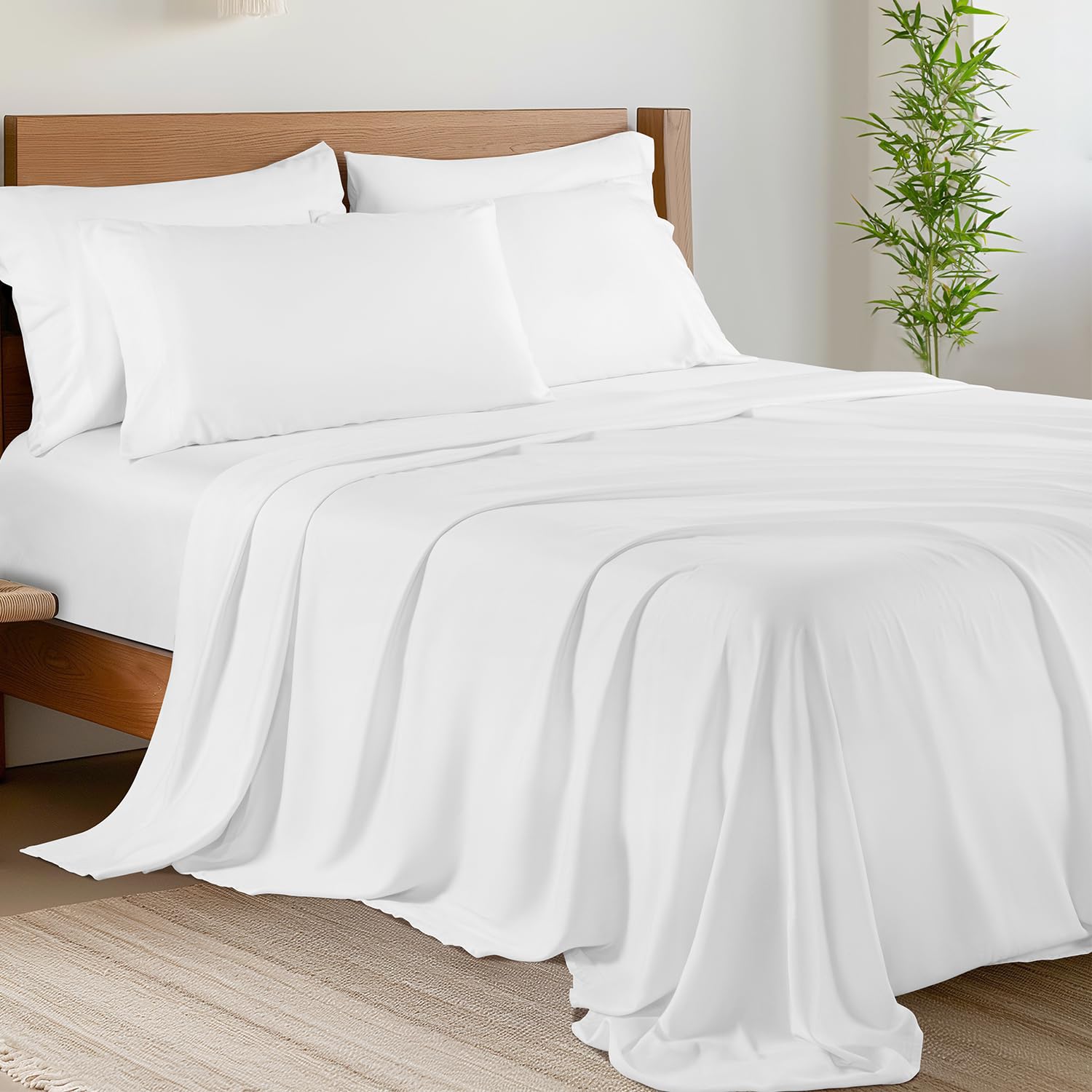 Photo 1 of ****USED*****Shilucheng 6 Piece King Sheet Sets, Cooling Sheets, Blend Rayon Derived from Bamboo, Deep Pocket Up to 16", Breathable & Soft Bed Sheets, Hotel Silky Bedding Set, White