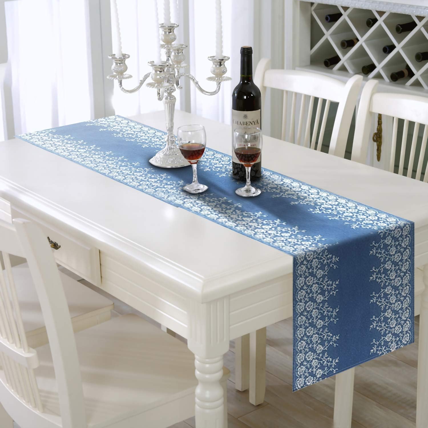 AAYUBlue Table Runner Fall with Embroidery for Parties Wedding Gathering Ideal Denim Runner for Dinning Table Kitchen Table Bed Runner (14 Inches X 72 Inches)