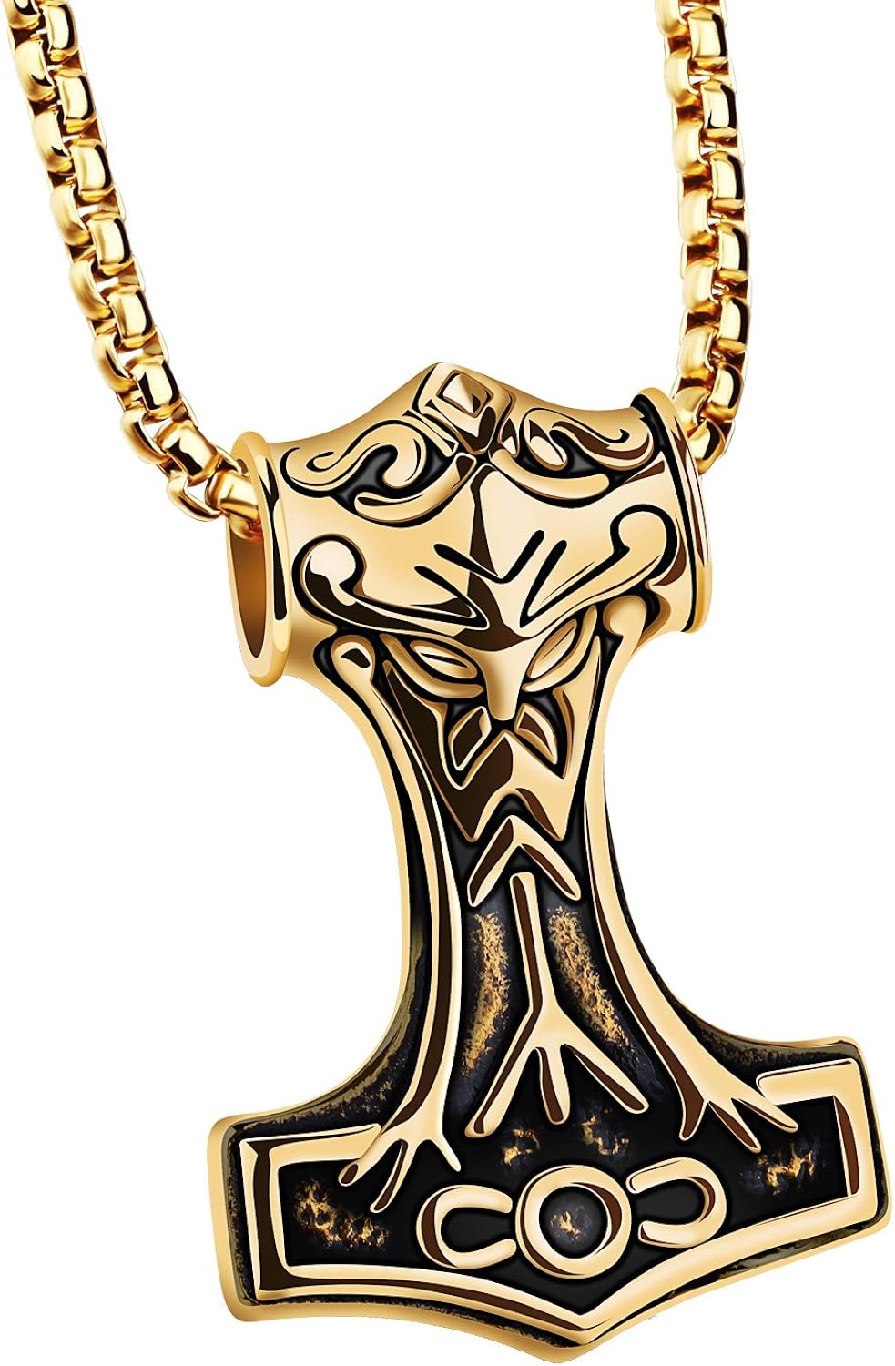 PAURO Mens Stainless Steel Thors Mjolnir Hammer Pendant Necklace Viking Gold with Chain