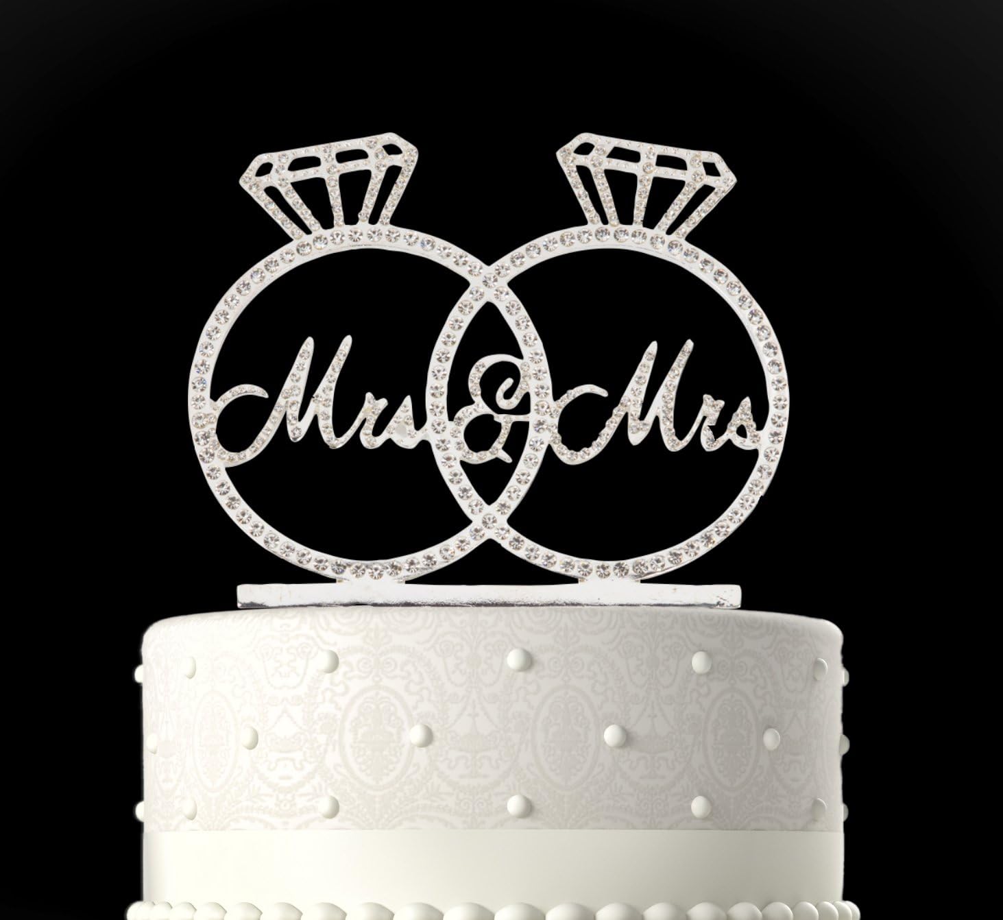 Rubies & Ribbons Gay Lesbian"Mrs & Mrs" Silver Metal with Rhinestones Two Rings Wedding Cake Topper Party Decoration with Gift Box