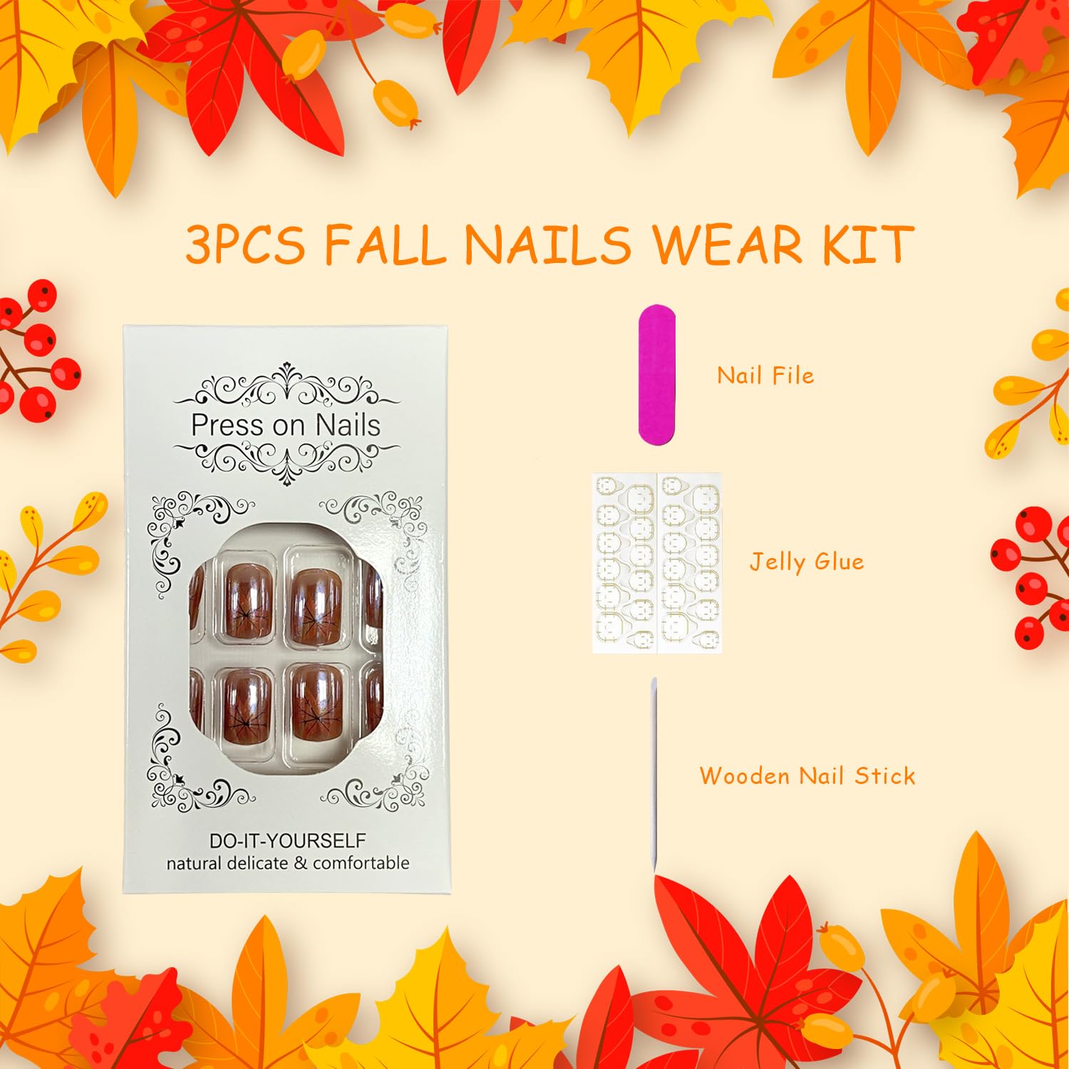 Tyuimhx Fall Maple Leaf Press on Nails Short Square Fake Nails With Designs Thanksgiving False Nails Full Cover Stick on Nails Acrylic Autumn Maple Leaves Artificial Nails for Women 24 Pcs - Image 6