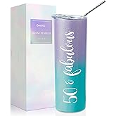 Onebttl 50th Birthday Gifts for Women, Female, Her - 50 and Fabulous - 20oz/590ml Stainless Steel Insulated Tumbler with Straw, Lid, Message Card - (Green Purple)