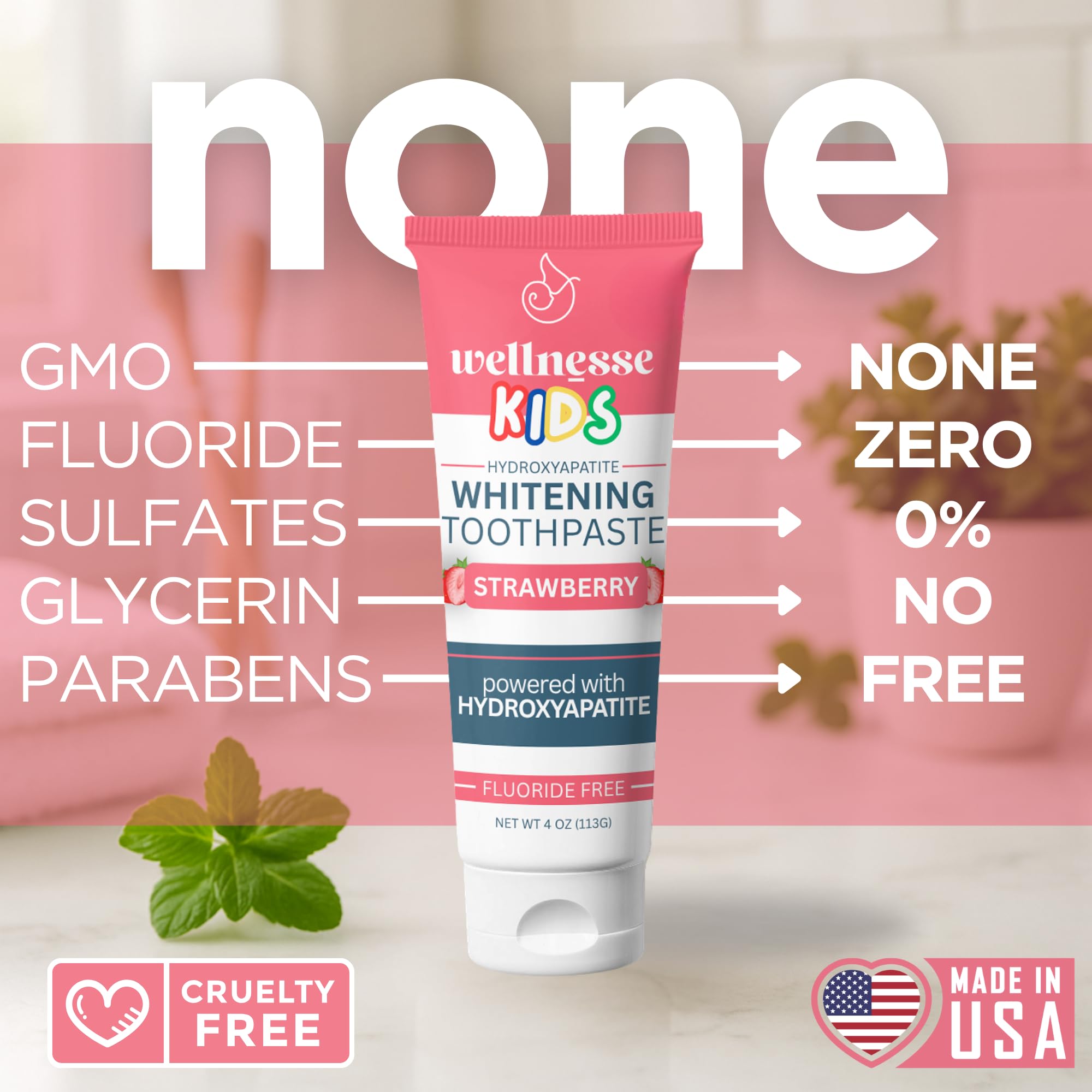 Wellnesse Kids Hydroxyapatite Toothpaste with Xylitol - Fluoride Free Toddler & Kid's Natural Toothpaste, Freshens Breath, Sensory-Friendly Oral Care, Vegan, Strawberry Flavor, 4 oz (Pack of 1)