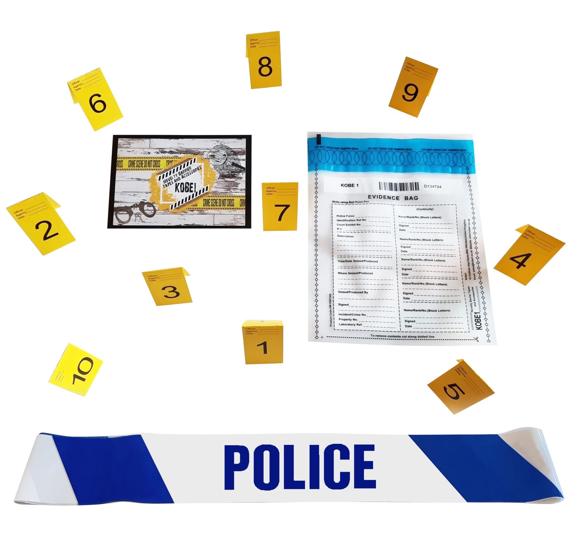 Kobe1 Police Barrier Tape (10m),Evidence Collection Bag (x1),Photo Evidence Markers,frames,Tents.Cardstock 1-10 (7 x 4cm).