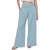 LOFBAZ Women Summer Flowy Cotton Linen Palazzo Wide Leg Pants Beach High Waisted Trousers Boho Long Lounge Pant with Pockets