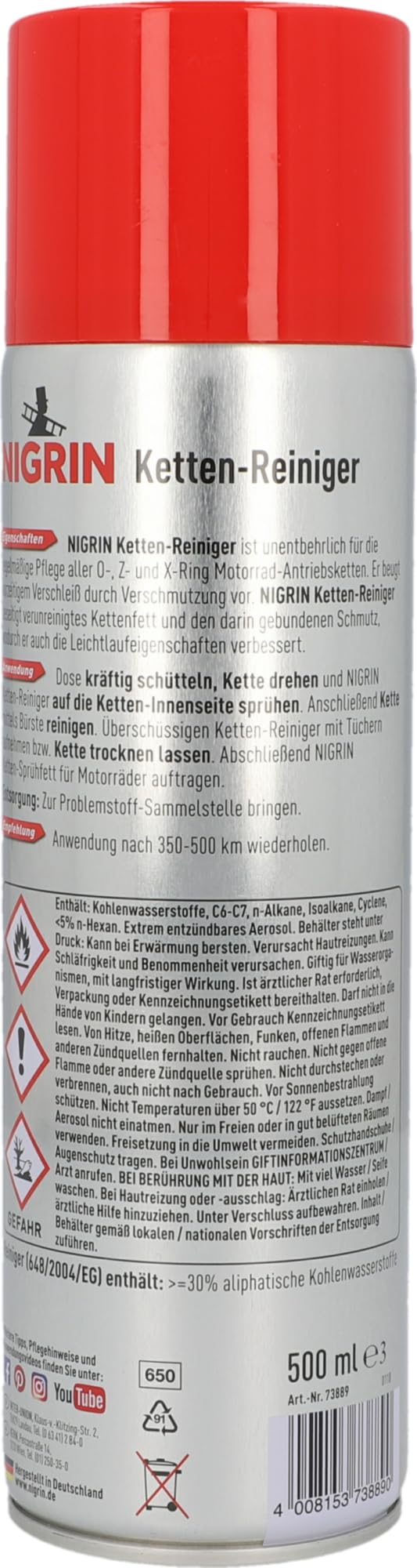 NIGRIN Kettenreiniger, 500 ml Sprühdose, Kettenspray für Motorrad, reinigt und entfettet Motorradketten 5
