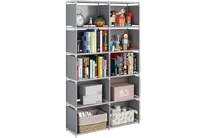 JIUYOTREE 6-Tiers Portable Bookshelf with Fabric Cloth at Back, 10 Cube Closet Storage Organizer Bookcase, Living Room,Study 