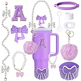 RNFVJH 10PCS Purple Stanley Cup Accessories Set for 30oz 40oz Tumbler with Handle, Includes Pearl Strap, Bow Straw Topper & Boot, Decorations Charms, Letter Sticker, Spill Proof Stoppers(A, Purple)