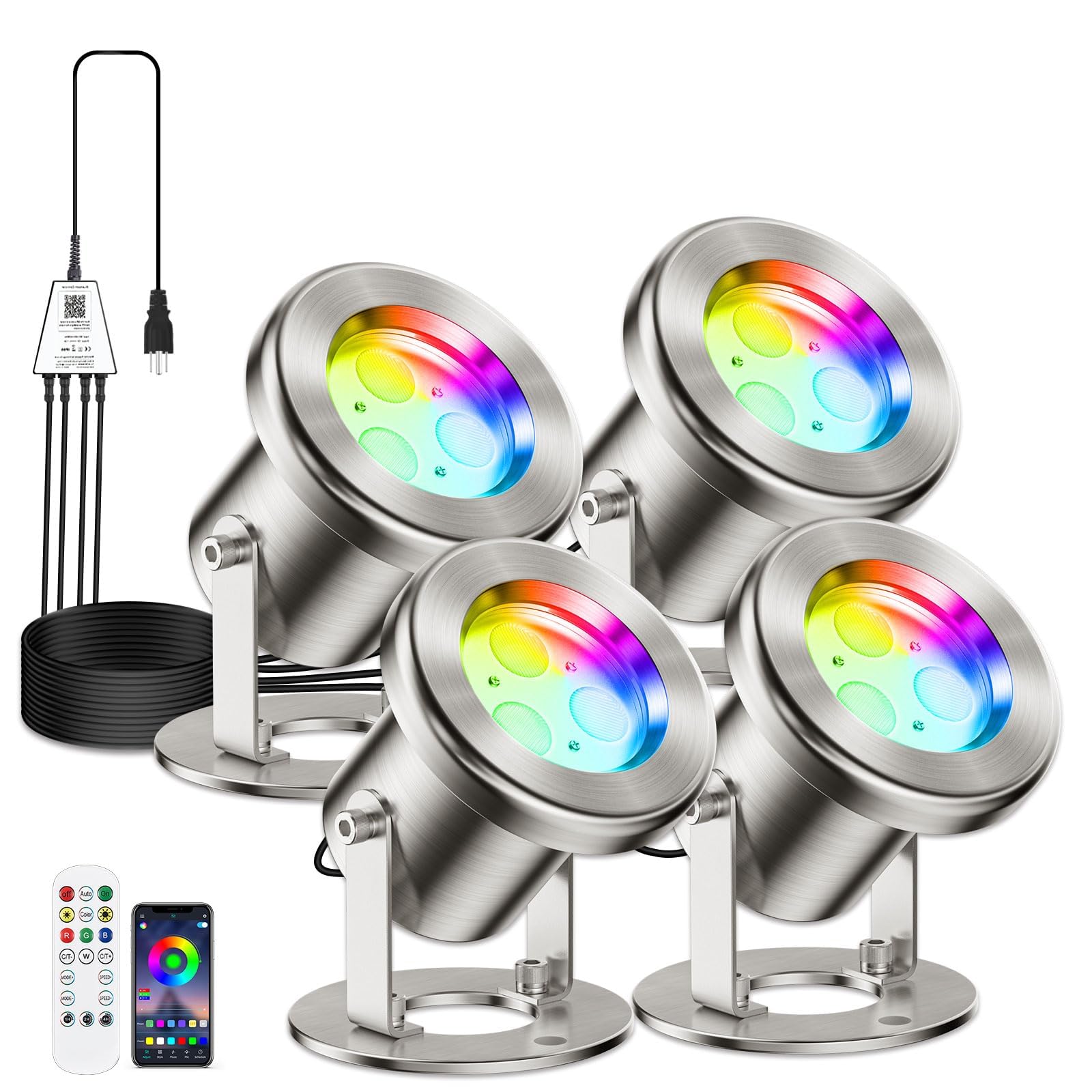 Photo 1 of LyLmLe LED Pond Lights with APP Control, 6W SS316 Stainless Steel RGB Underwater Fountain Light with 12V Transformer, IP68 Waterproof Outdoor Underwater Lights for Pond Waterfall, Black Wire(4-Spots)