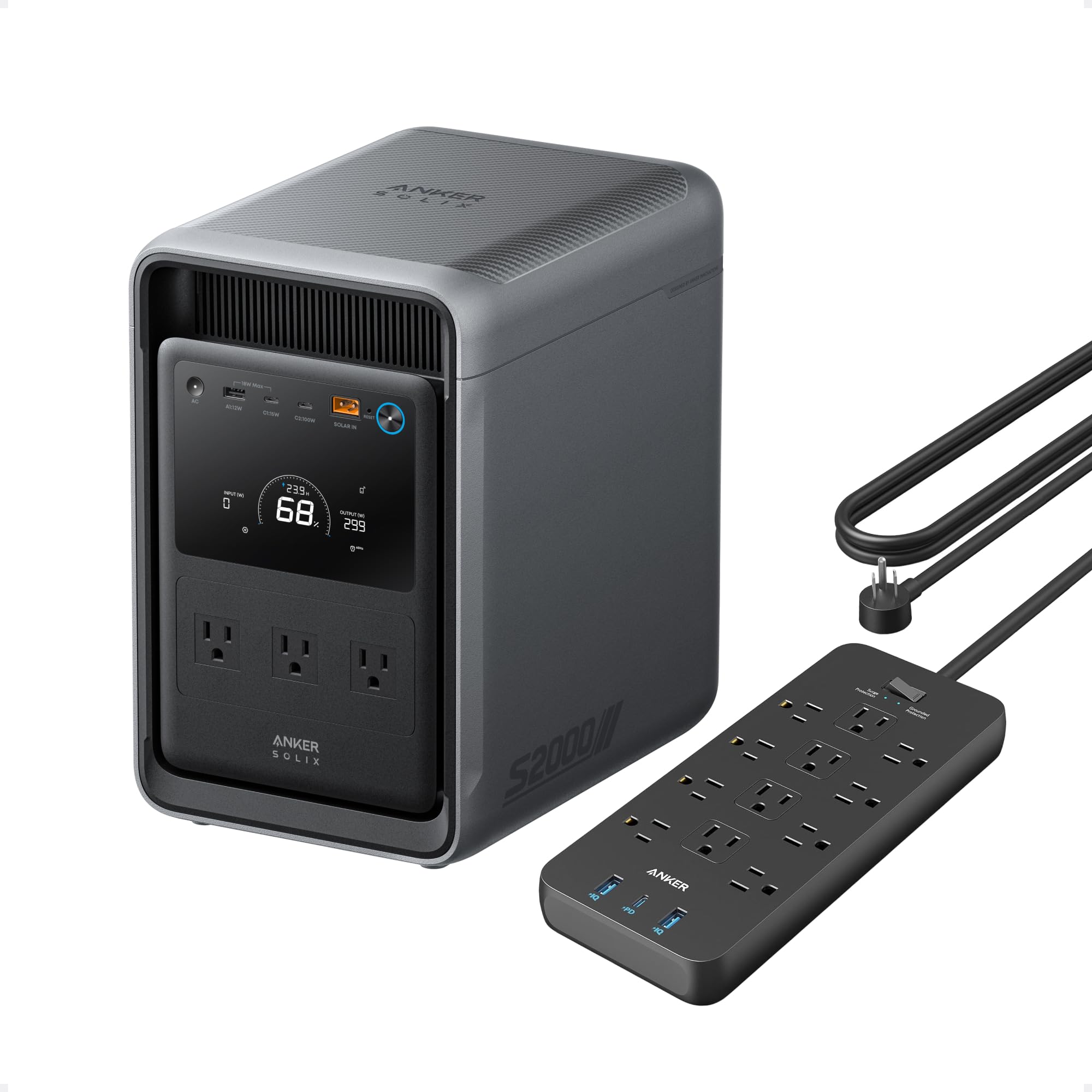 Anker SOLIX S2000 Portable Power Station with Power Strip | 2,010Wh LiFePO4 Battery, 1,500W Output, Solar Generator for Home