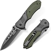 KEXMO Folding Pocket Knife with 3.46" D2 Steel Blade and G10 Handle, Green | Black Stonewash, Non-Slip Ergonomic Textured Design, 58-60HRC, Liner Lock, Deep Reversible Clip, Hunting Knives for Men Women