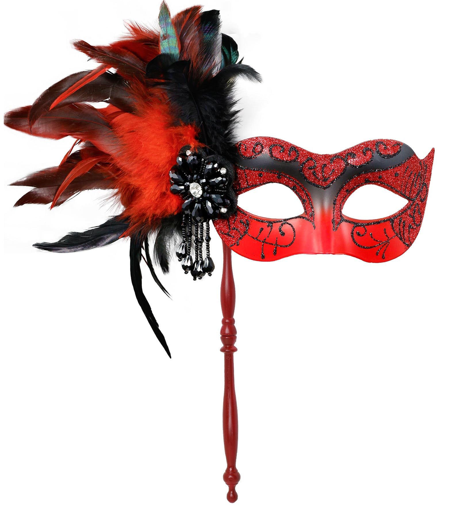 MYSEUNI Red Masquerade Mask for Women with Holding Stick - Bright Feathered Red Mardi Gras Mask for Halloween, Carnival, Year-End Ball, Christmas, Wedding, Bar, Accessory of