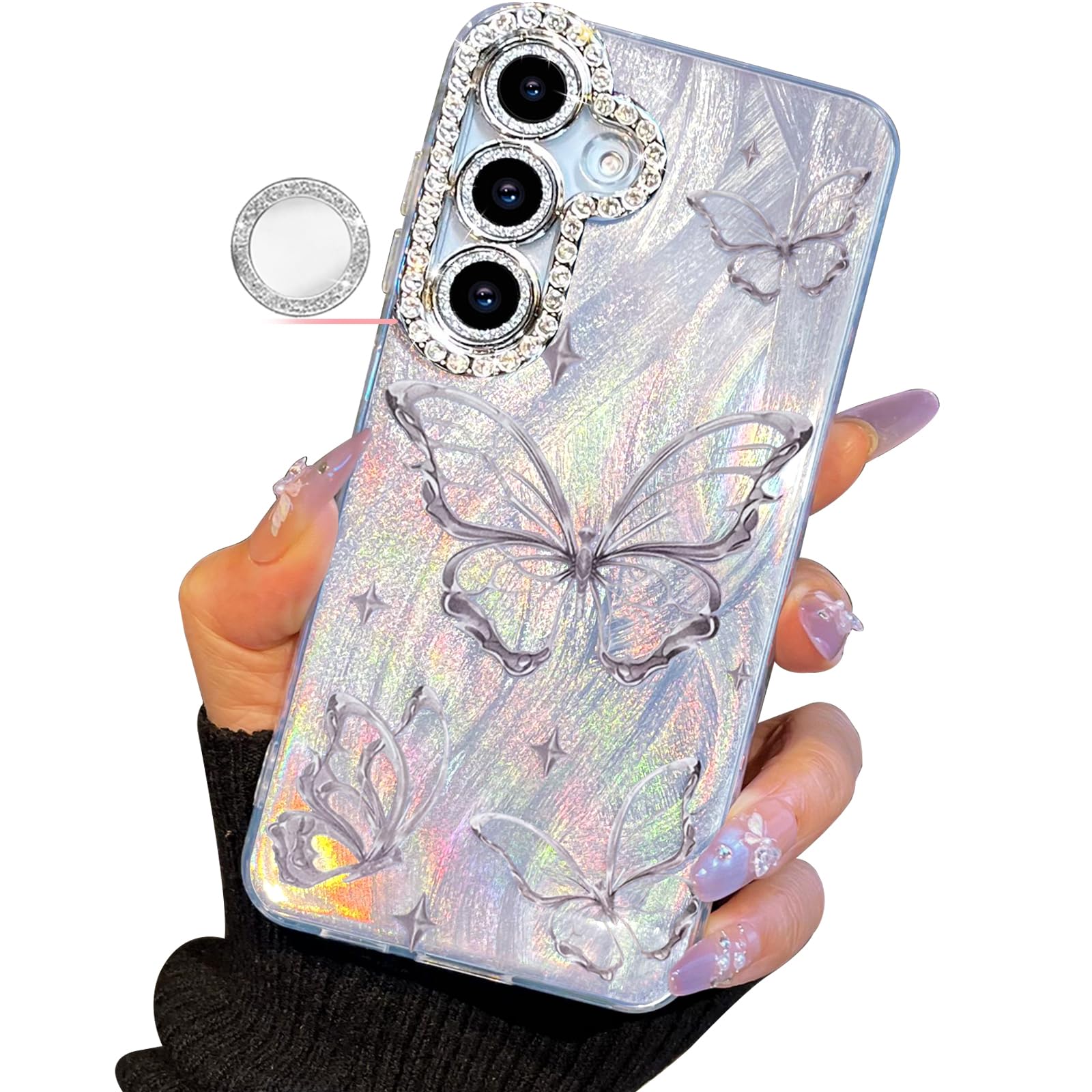 I-MGAE-IN-AR Compact Case for Samsung Galaxy S25 Plus & S24+ Butterfly Design,Diamond Camera lens protection frame,Cute Soft Slim TPU Shockproof Protective Phone Cases Cover for Women Silver Aesthetic