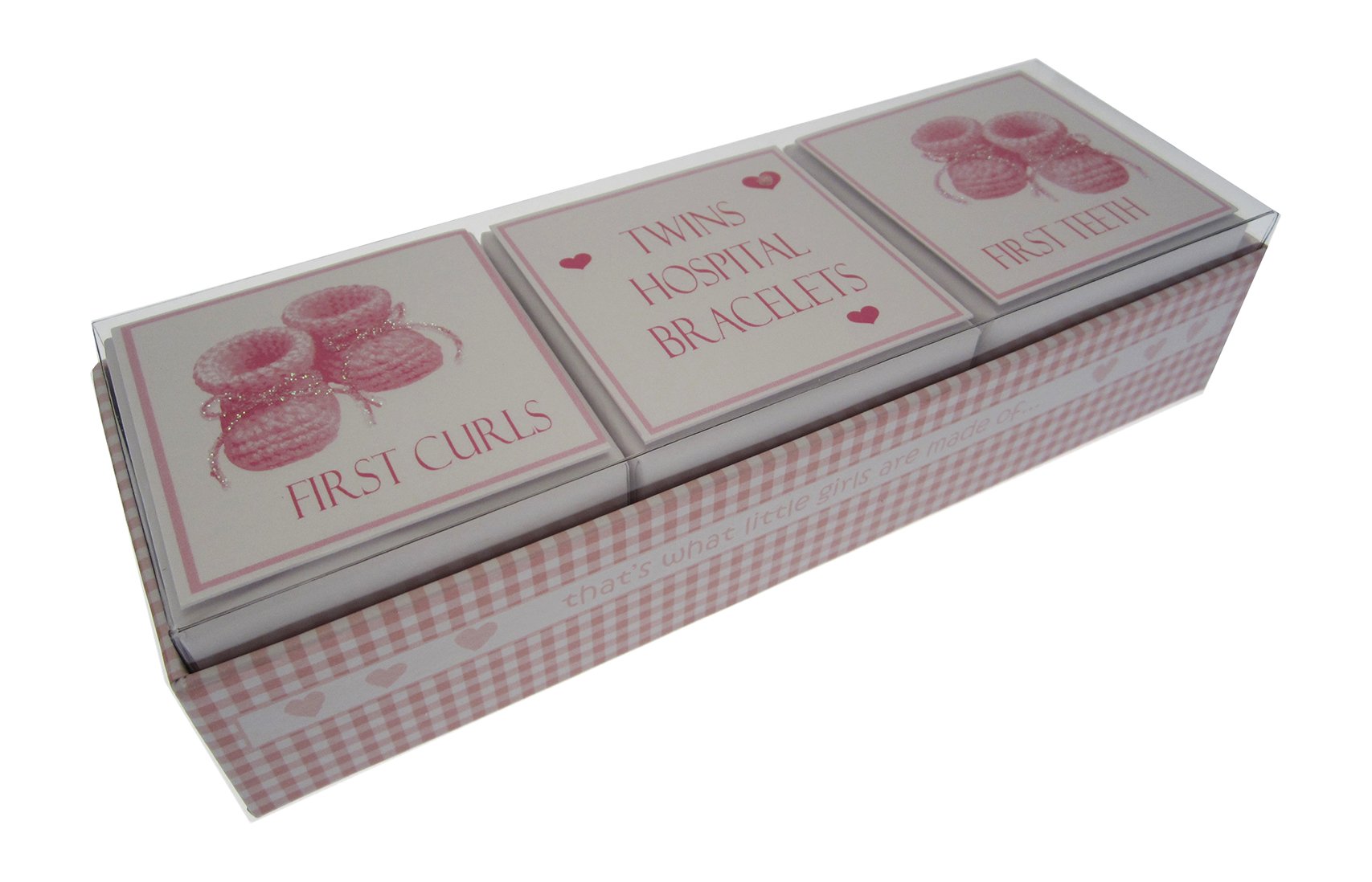White Cotton Cards Twins First Curl/Bracelet/Tooth 3-in-1 Keepsake Box Set (Pink Booties)