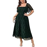 SCOMCHIC Women's Plus Size Wedding Guest Dress Formal Lace Square Neck Short Sleeve Smocked Flowy Cocktail Maxi Dresses