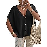 CFLHN Women's V Neck Short Sleeve Cardigan Sweater Tops Lightweight Button Loose Sweater Vest