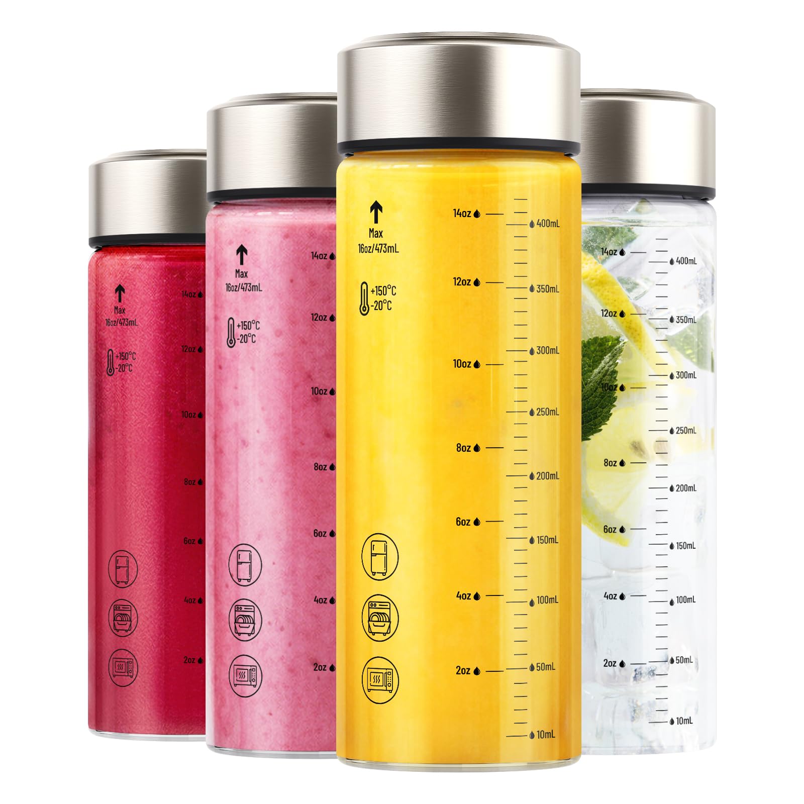 Photo 1 of Zukro 16 oz Glass Juice Bottles with Lids- 4 Pack Refillable Wide Mouth Heat Resistant Borosilicate Glass for Juicing, Smoothies, Infused Water, Protein Shakes, Reusable & Leakproof- BPA Free