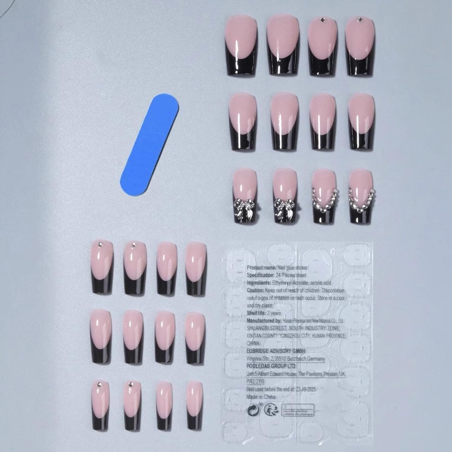 24Pcs Black French Press on Nails Long Coffin Fake Nails with Charm Bow Design,French Tip DIY Manicure Square False Nails Press ons Glitter Rhinestone Nails Kit for Women,Daily Wear Nail Decorations - Image 3